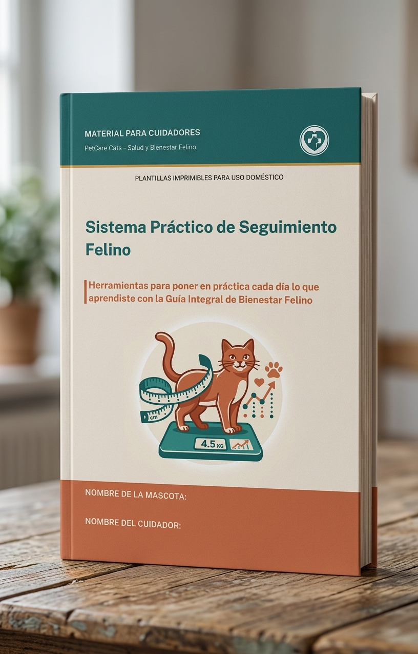 Portada del Sistema Práctico de Seguimiento Felino: kit de plantillas imprimibles para registrar peso, alimentación e hidratación del gato